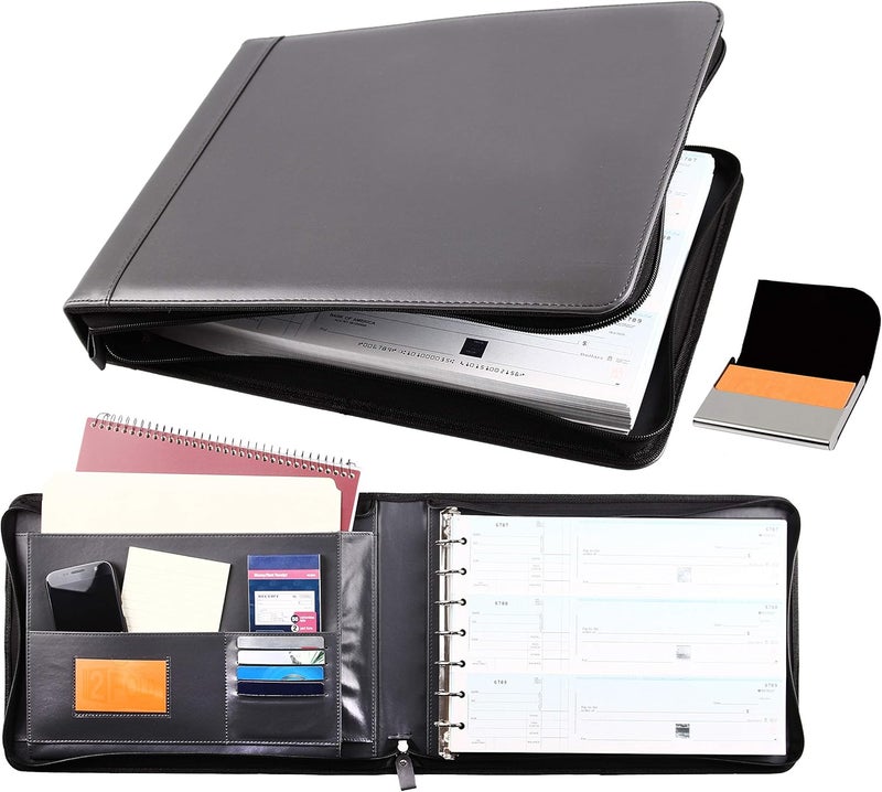 2Fold Zippered Business Checkbook Binder - 7 Ring Binder for Business Checks with Built-in Organizer and Card Case - PU Leather Portfolio for up to 600 3-Up Checks (Gray) - Image 1